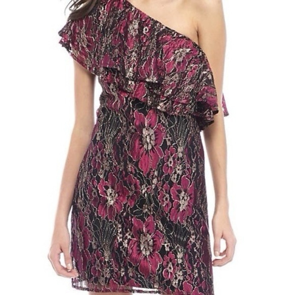 WAYF  Womens Medium Ruffle Neck Metallic Floral Lace Off The Shoulder Mini Dress